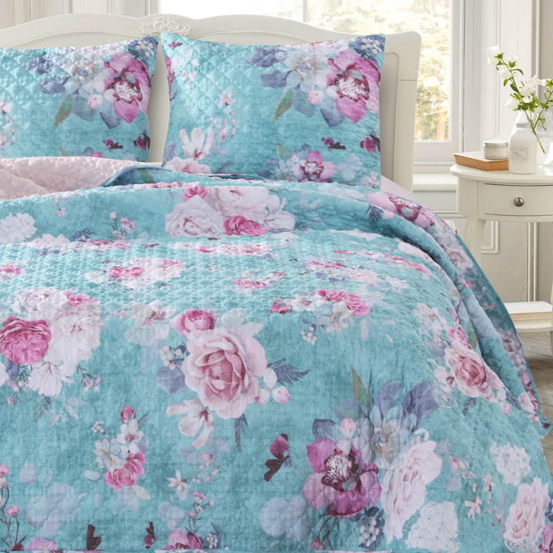 Blush and Turquoise Floral Microfiber Twin Quilt Set