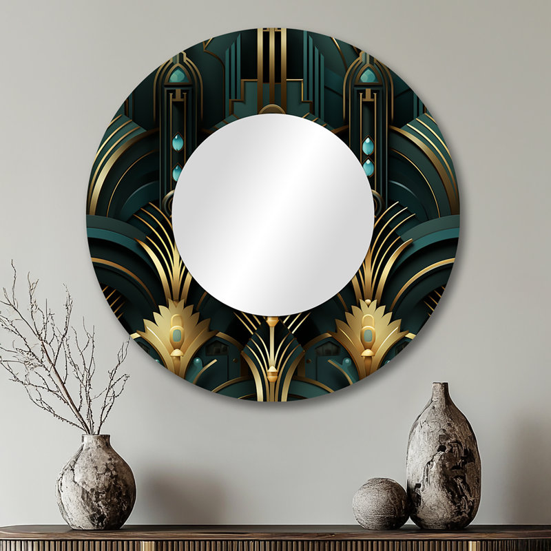 Gold And Green Art Deco Opulence - damask  Decorative Mirror, Boho Round Wall Mirror, Printed Metal Art, 29" x 29"