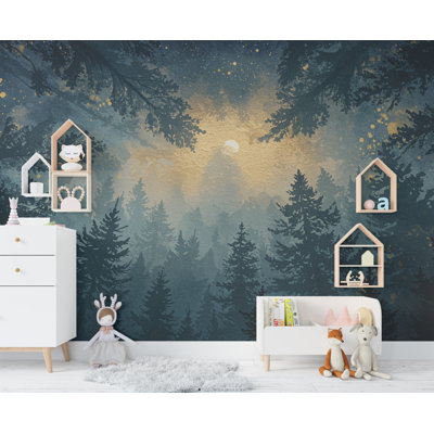 Murale forêt aquarelle - papier peint ciel nocturne avec lune, étoiles et arbres - Art mural boisé indigo de rêve pour chambre à coucher ou chambre de bébé (Peel-N-Stick) 