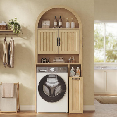 Arched Over The Toilet Storage Cabinet with Pulley, Bathroom Storage Cabinet with Adjustable Shelves, Toilet Paper Holder, 2 Hooks, Space Saver for Restroom, Laundry, Oak