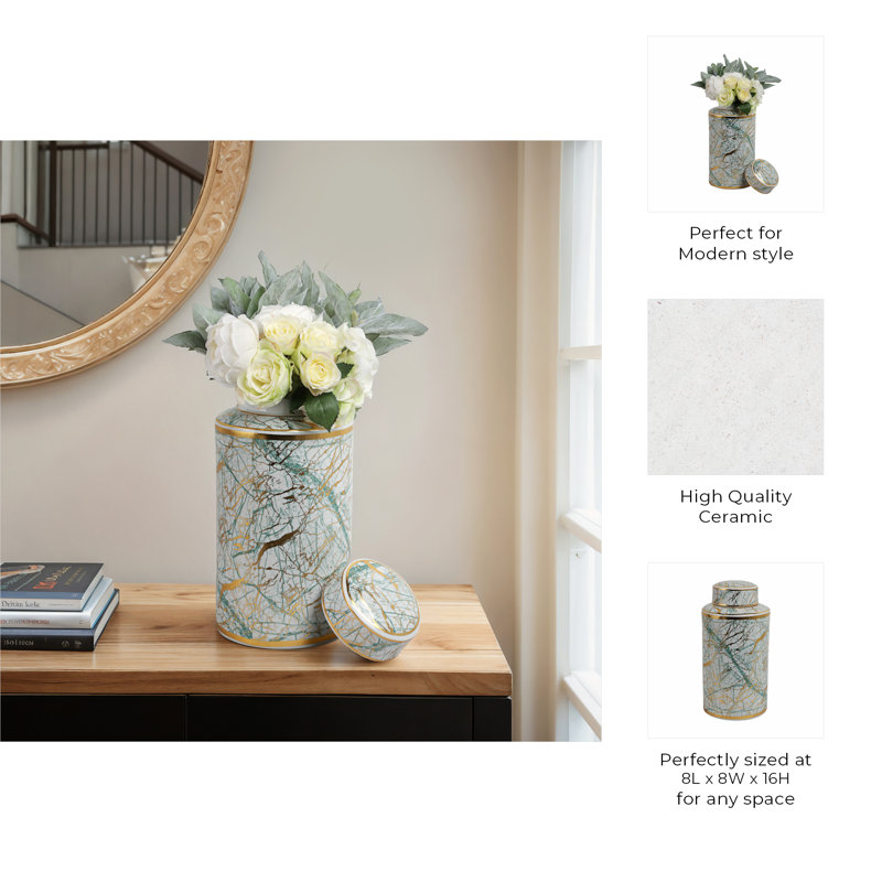 Modern Ceramic Marble Pattern Table Jar with Lid for Home Decor - Decorative Cylindrical Tall Jar for Storage Accent or Shelf Styling - Green