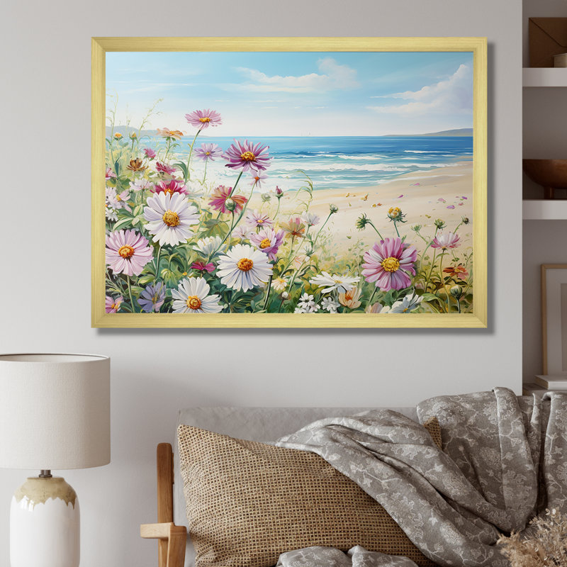 Zinnias sur la plage sur toile, Cadre doré simple, H 16 po x l 32 po x P 1 po
