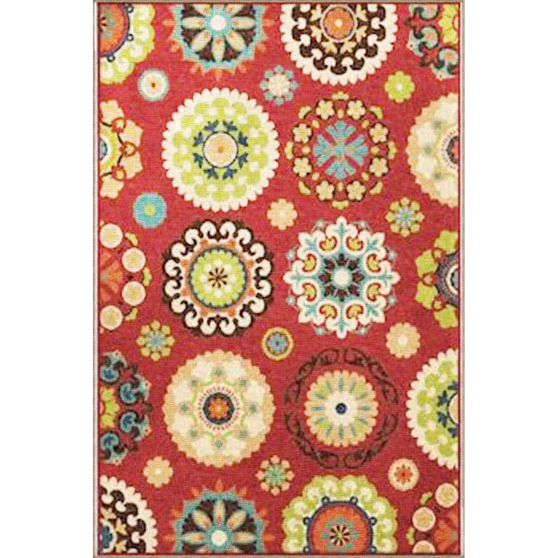 Tapis décoratif rouge à motif géométrique étoilé aux tons rouges lavable à la machine, Sous-tapis carré 3 pi 3 po inclus