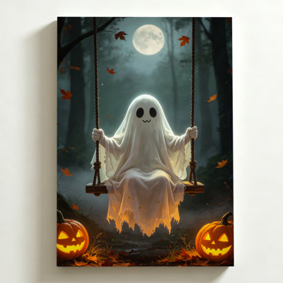 Tableau d'Halloween sur toile 61 x 91 cm (24 x 36 po) : Fantôme sur une balançoire en forêt, pleine lune au-dessus, citrouilles illuminées. Impression d'art numérique sur toile. Décoration murale moderne pour chambre, salon et bureau.