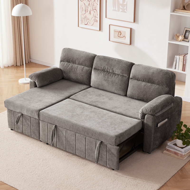 Canapé-lit 84 po en L rembourré avec rangement et port USB, Gris clair