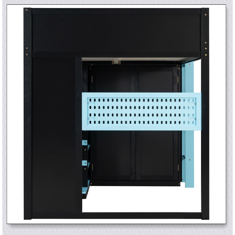 Lit mezzanine en bois avec bureau, tablettes multiples, lumière USB et RVB, Noir / Bleu