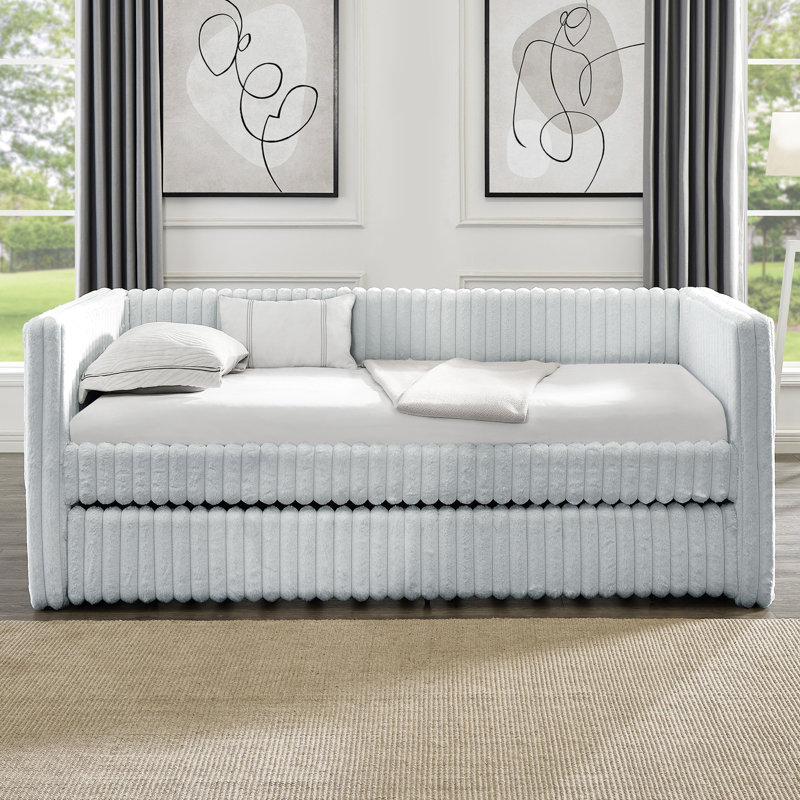 Lit de jour moderne simple avec revêtement gris et lit polyvalent élégant en tissu, Gris clair, Lit double