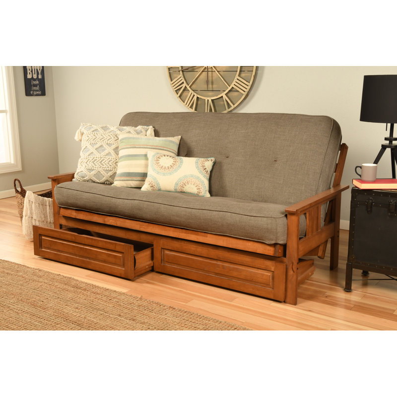 La base de futon pleine grandeur Stratford comprend des tiroirs de rangement et un matelas, Premium Pocket Coil, Lin pierre