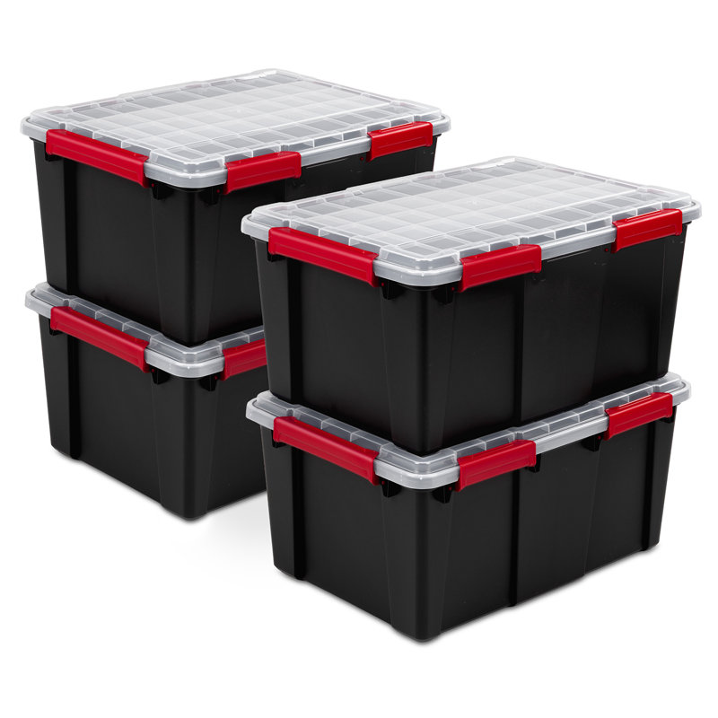 Sterilite 20 Gal Gasket Box, Stackable Storage Container with Lid, Black, 4 Pack