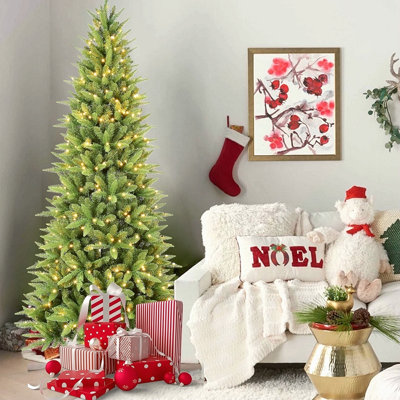 Arbre de Noël mince de 4 pi avec 150 lumières DEL blanc chaud - 424 pointes en PE + PVC, conception à charnières peu encombrante, installation facile, support en métal robuste - arbre à crayons réaliste pour les petits espaces