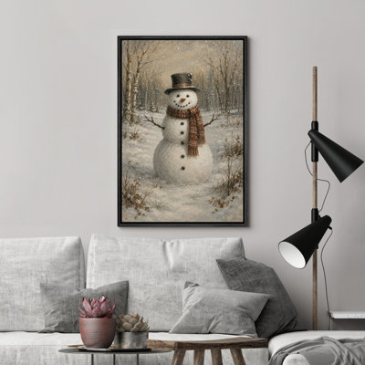 «Classic Snowman with Top Hat in Snowy Woodland», reproduction d'art sur toile encadrée dans la chambre principale