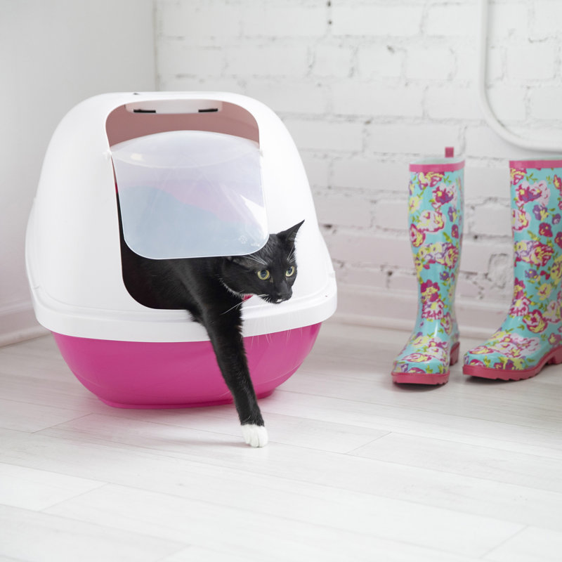 Basic Plastic Enclosed Litter Box, Jumbo (18.5" H x 19" W x 24" D), Pearl White/Pink