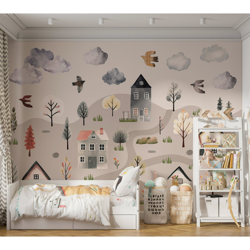 Adhésif mural pelez et collez pour enfants - Vallée scandinave aux couleurs pastel, L 68 po x l 96 po