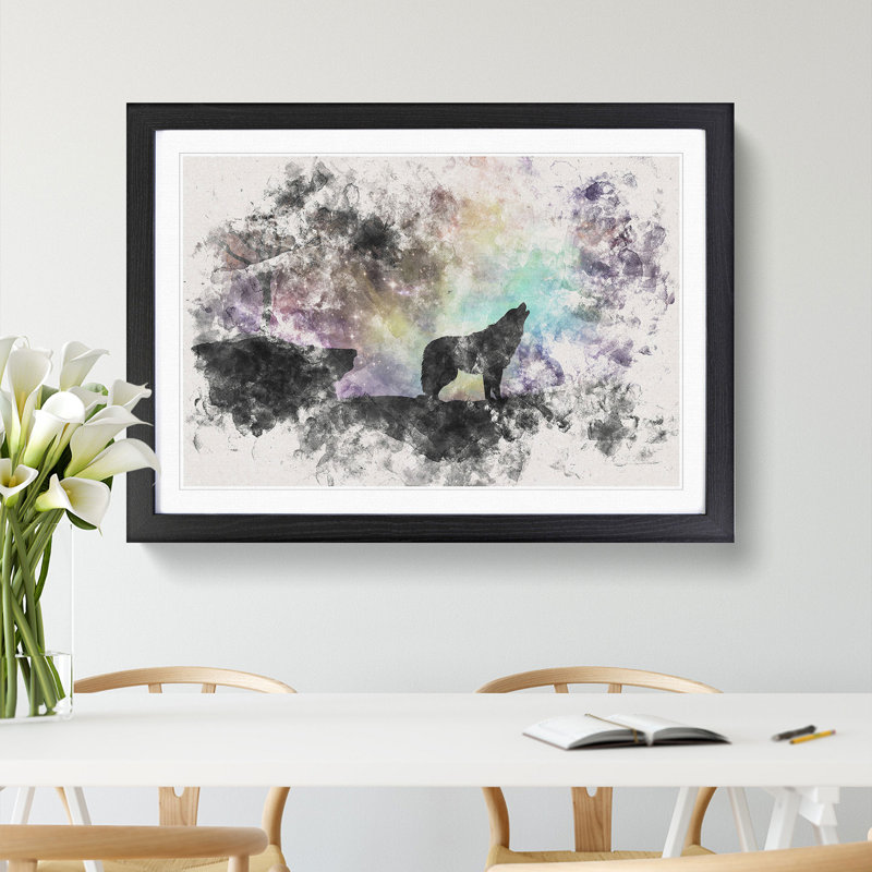 Howling Wolf with a Galaxy Forest - Picture Frame Painting Print, 40cm H x 60cm W x 2cm D, Black Framed