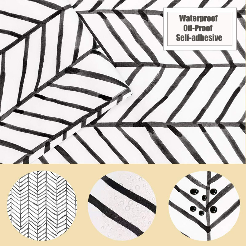 Papier peint adhésif géométrique moderne - motif à chevrons noir et blanc, PVC imperméable, papier peint décoratif amovible pour toute surface lisse