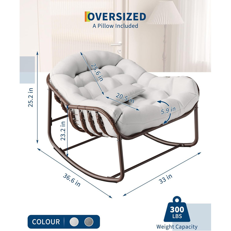 Outdoor Papasan Rocking Chair, Oversized Wicker Lounge Chair with Cushion and Metal Frame, Patio Rattan Egg Rocker for Balcony Backyard Porch Bedroom