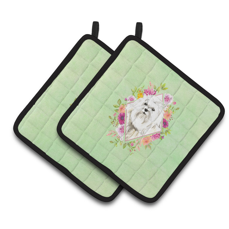Ensemble de cuisinier poignée 2 pièces caroline trésors sheltie, Vert, Bichon maltais gris