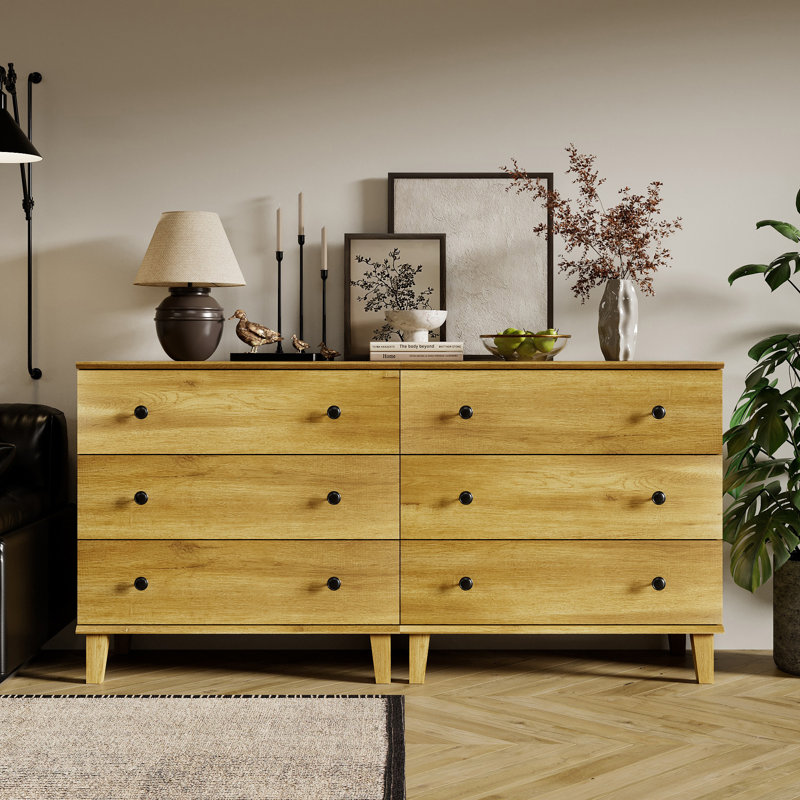 Dresser With 6 Drawers, Modern Chest Of Drawers W/Solid Wood Legs Dressers Buffet Storage Cabinet For Living Room, Baby Room, Nursery,Oak