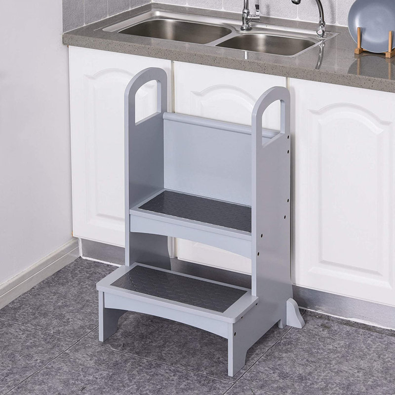 Kerry Kids Wooden Step Stool Kitchen Helper Non-Slip Panels Handles Grey