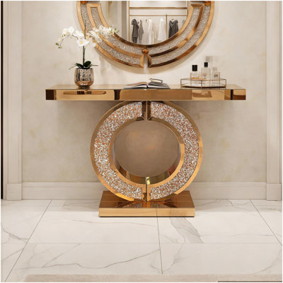 Console à miroir en forme de O avec entrée de couloir en cristal pour la maison, table de miroir artisanale pour le salon, table de miroir en verre pour la pièce