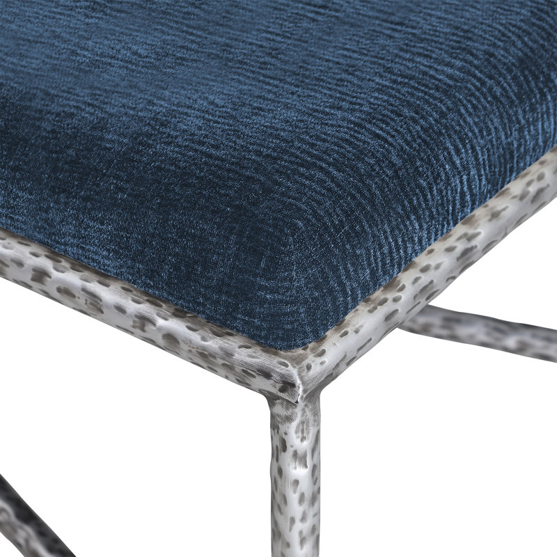 Banc en tissu Iyania Chenille, Tissu chenille bleu marine, Argent argent