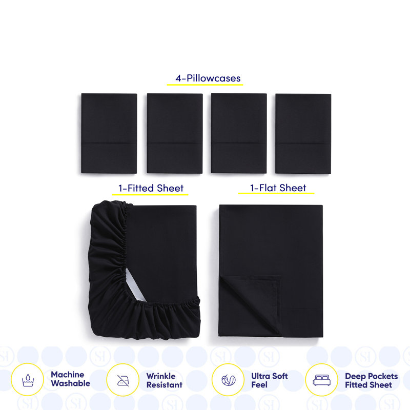 Ensemble de draps luxueux en microfibre douce avec taies d'oreiller en prime, Noir