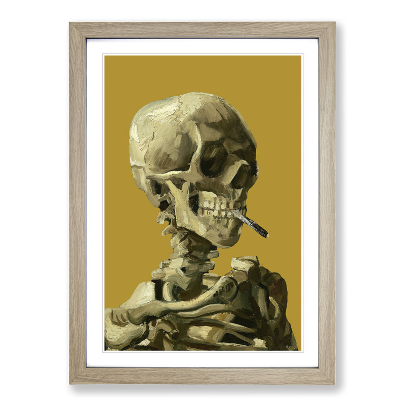 Mustard Skull of a Skeleton with Cigarette by Vincent Van Gogh - Picture Frame Painting on MDF, Oak Framed