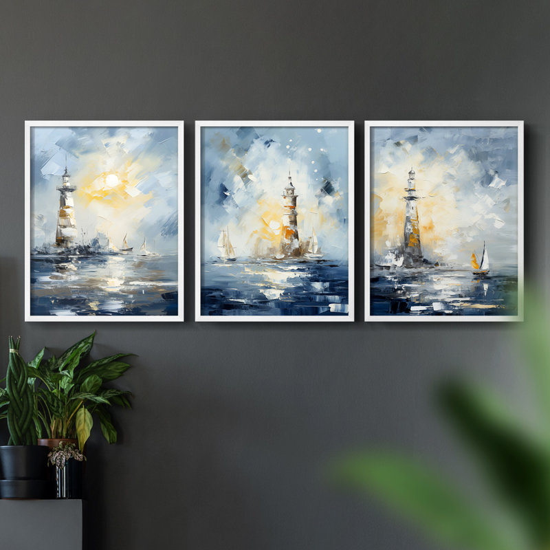 Série Sea and Shore Cxxvi - Ensemble de 3 estampes numériques encadrées - Prêt à être accroché, Blanc, H 28 po x l 22 po