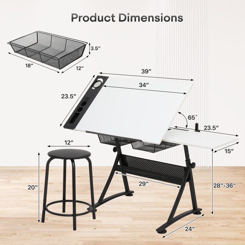 Craft and Drawing Table Workstation with Stool, Drafting Table with Slide-Out Tabletop and Drawers