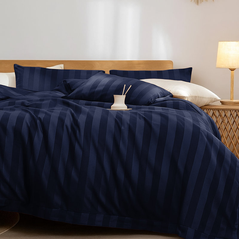 Microfiber Striped Duvet Cover Set with Matching Pillowcases & Fitted Sheet, Navy Striped