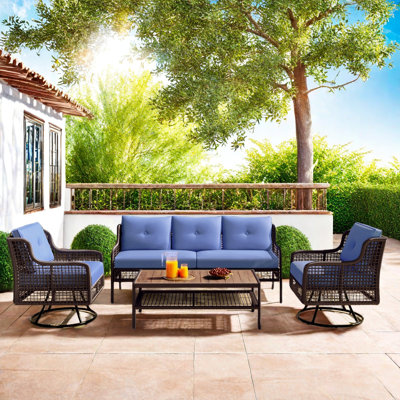4 Pieces Patio Furniture Set With 2 Swivel Chairs, 1 3-seater Sofa, 1 Coffee Table, Rattan Hollow Weave Design And Iron Frame