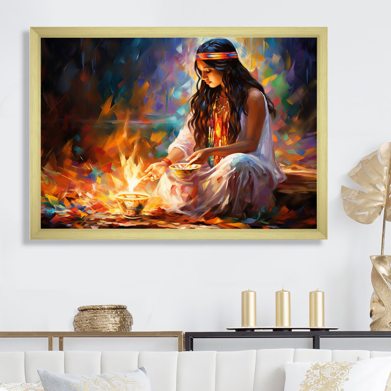 Décoration rituelle amérindienne I - décoration murale d'art amérindien, Cadre doré simple, H 34 po x l 44 po x P 1,5 po