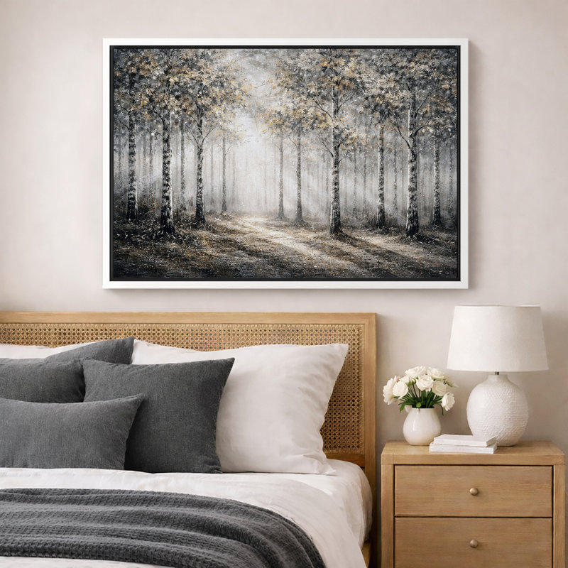 Œuvre de chemin de forêt brumeux brumeux, photos de salon de forêt neutre, impression sur toile encadrée, Cadre blanc