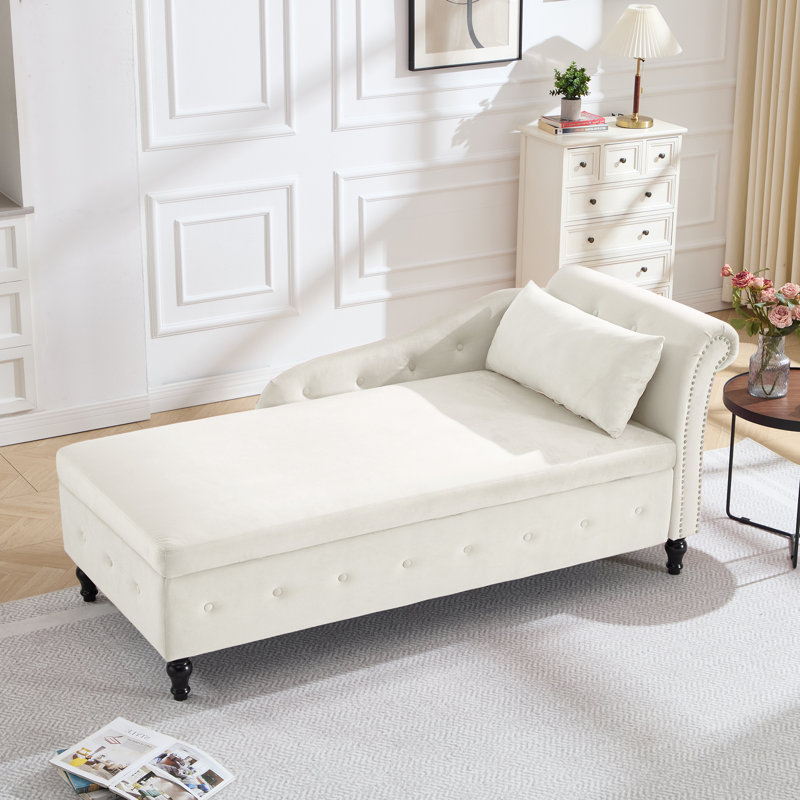 Méridienne surdimensionnée rembourrée en velours avec rangement caché L 74 po Maci, Orienté vers la gauche, Beige