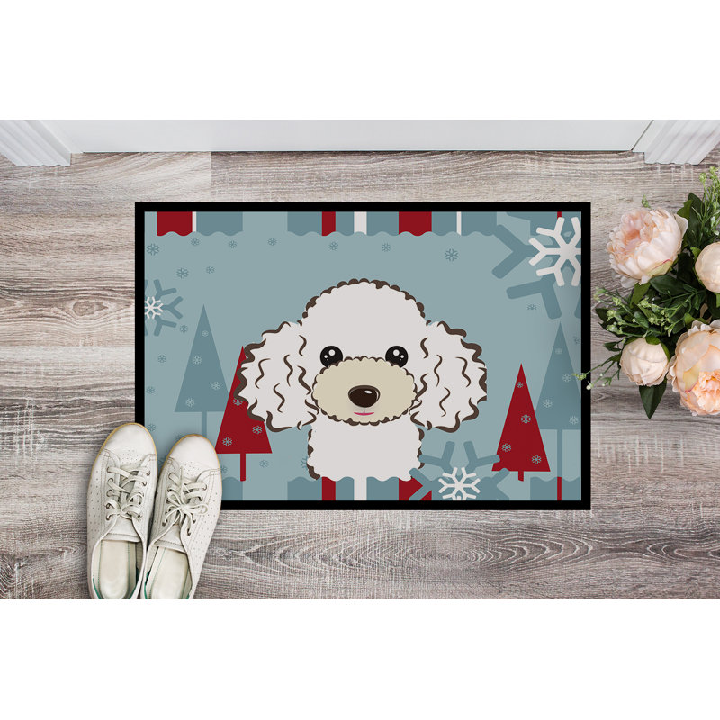 Tapis pour porte d’extérieur antidérapant caniche de noël winter, Blanc / bleu, Rectangle 1 pi 6 po x 2 pi 3 po