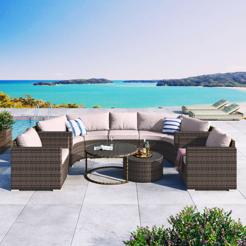 Patio en demi-lune Go - 9 pièces, coussins beiges modernes pour le divertissement extérieur 9 demi-lune, utilisation brune à long terme