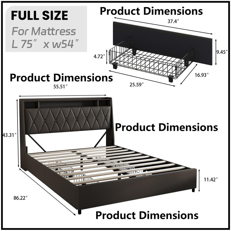 Structure de lit ergonomique pleine grandeur avec prises USB, lumière DEL et rangement - aucun sommier nécessaire, similicuir noir et métal