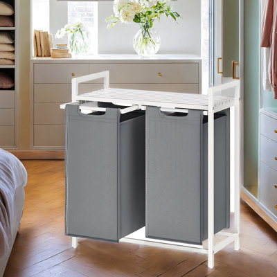 Panier à linge, panier à linge, trieur de linge avec 2 sacs coulissants et amovibles, tablette, structure en métal, 2 x 12,1 gallons (46 L), 28,8 x 13 x 28,4 pouces
