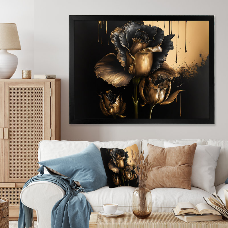 «Black and Gold Gladiolus I», reproduction d'art sur toile, Impression noire sur toile encadrée, H 12 po x l 20 po x P 1 po