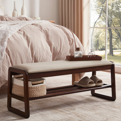 Banc de rangement pour chaussures en bois massif, banc d'entrée avec rangement pour chaussures, avec coussin, beige