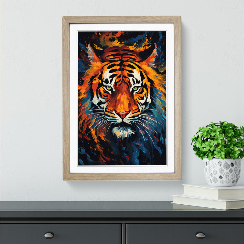 Tiger Abstract - Single Picture Frame Print on Wood, Oak Framed, 46cm H x 34cm W