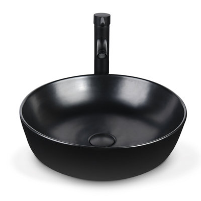 Lavabo de salle de bain vasque circulaire en céramique noire avec robinet