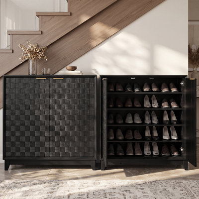 Armoire à chaussures 24 paires avec tablettes réglables, armoire de rangement moderne en damier sculpté pour hall d'entrée, salon, placard, noir