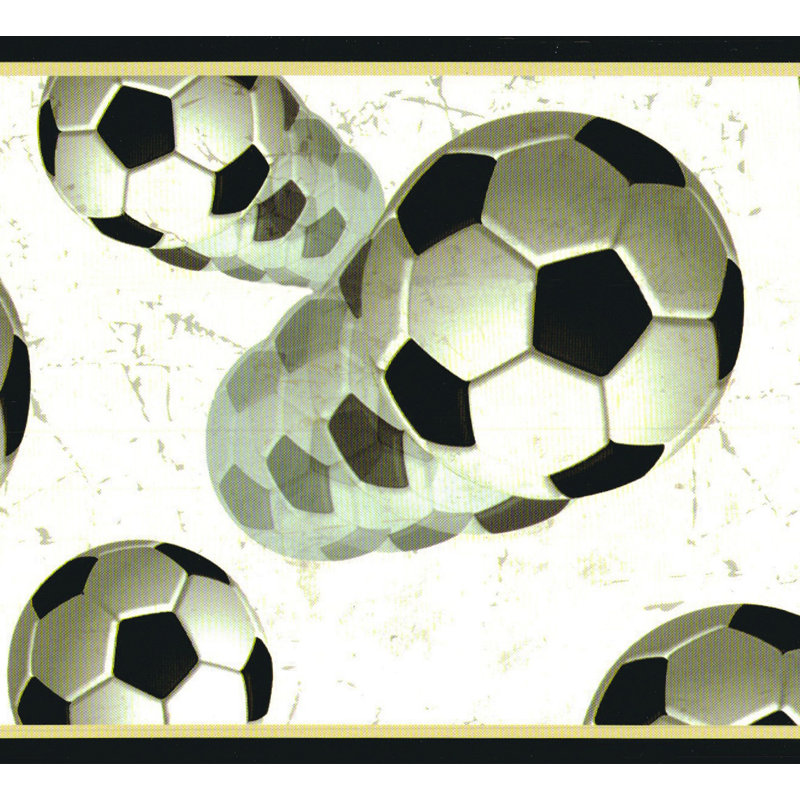 Bordure de papier peint pré-encastré - Bordure de ballons de soccer noir sportif et blanc craquelé, conception rétro, 15 pi X 6 po