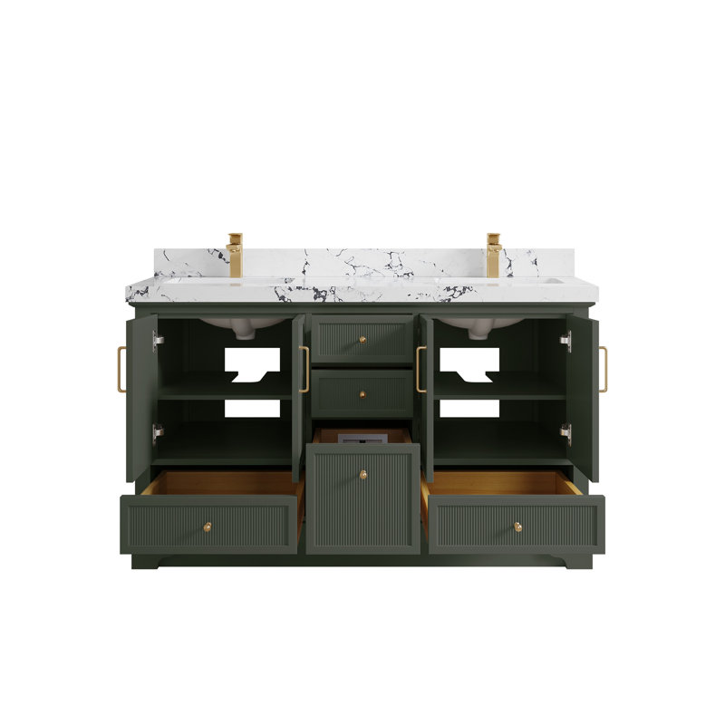 Meuble-lavabo double autoportant de 60 po avec plateau en quartz Alys (option poignées)