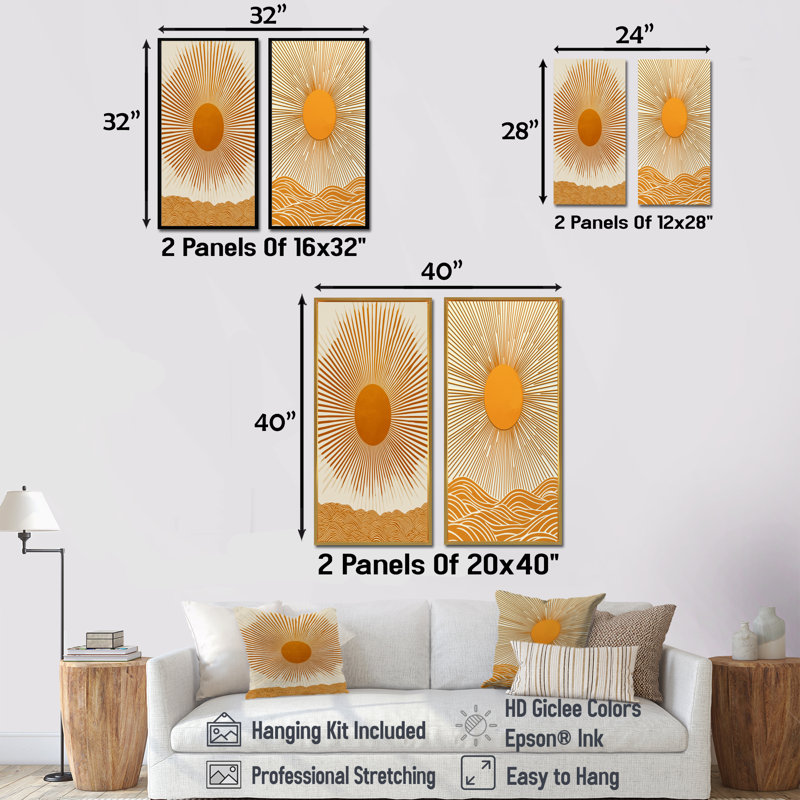 Mid-Century orange soleil imprimé III - ensemble abstrait d'art mural Mid-Century 2 pièces, H 28 po x l 24 po