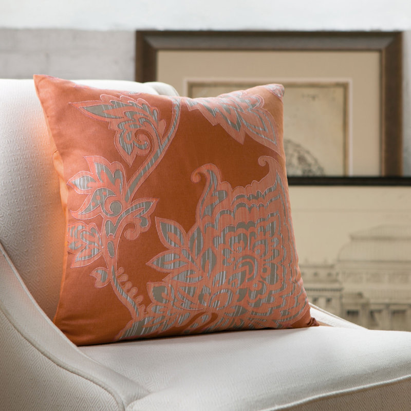 Embroidered Cotton Reversible Pillow Cover, 18" x 18", Tangerine