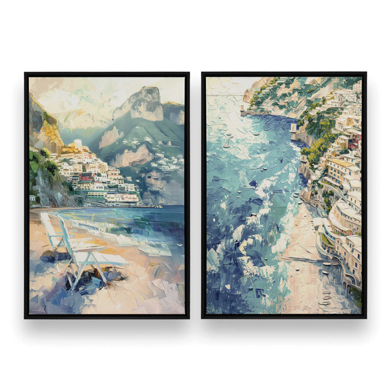 " Positano Beachfront Serenade " by Azure Artisanal Studio 2 - Pieces, Satin Black Floater Framed, 48" H x 64" W x 1.75" D