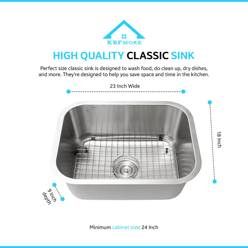 KBFmore Bowl Undermount Classic Kitchen Sink with Sink Accessories, 23" 18 Gauge Single Bowl