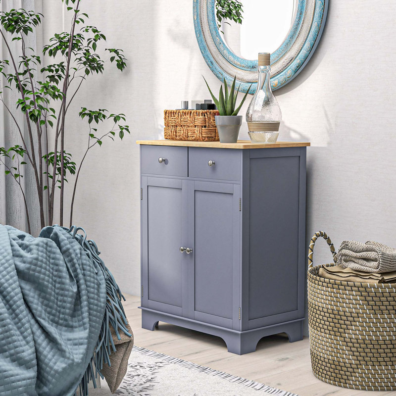 Meuble de cuisine latéral avec plateau en bois d'hévéa et tablette ajustable, Gris